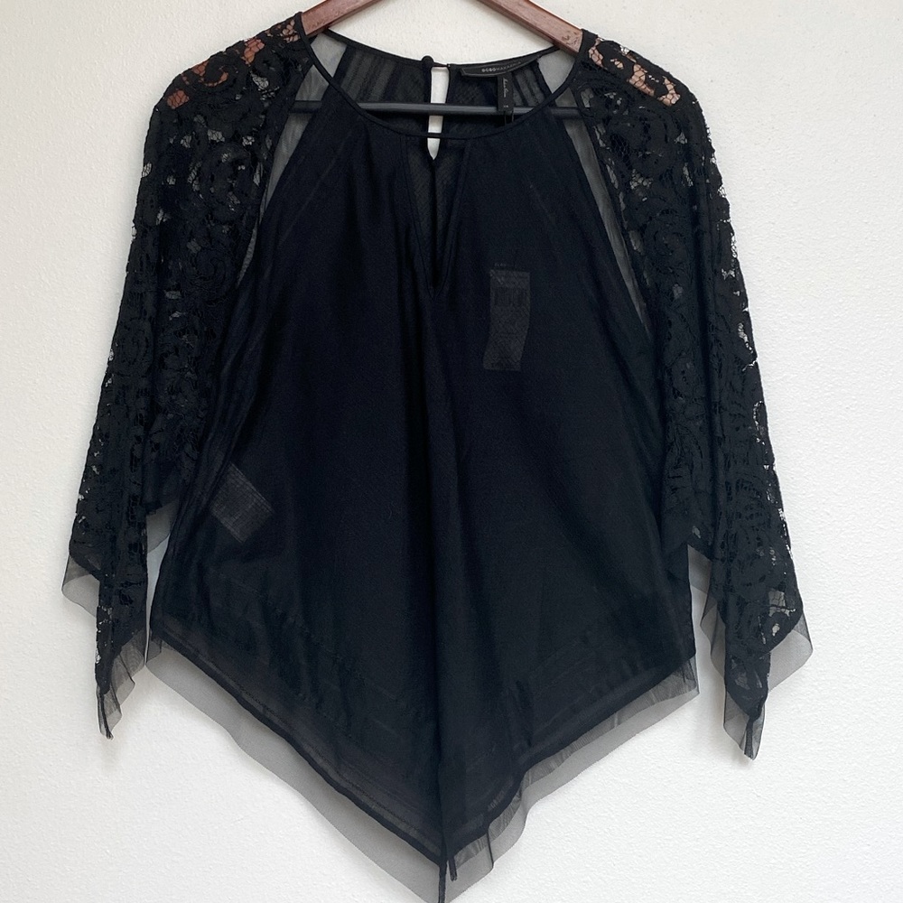 Brand New w/tag BCBGMaxAzria Elyza Black Lace Sleeve Round neck top.  Size XS